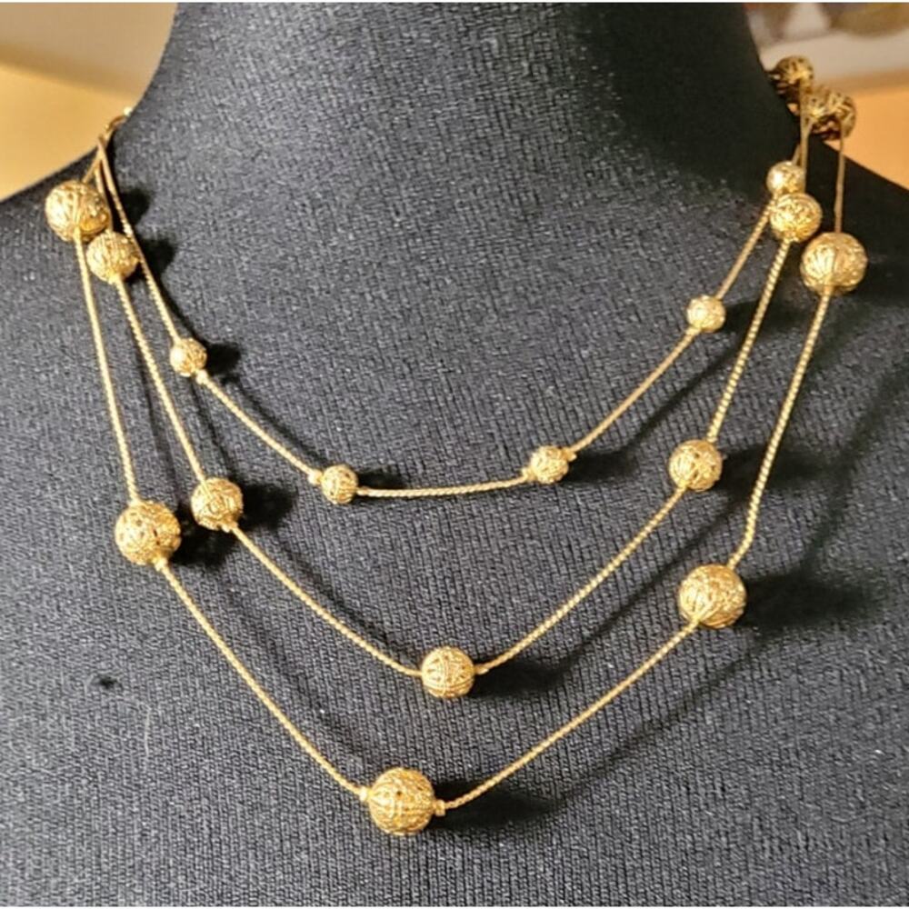 Vintage Signed NR Avon Necklace Filigree Ball Goldtone 3 Strand 20" Retro Y2K